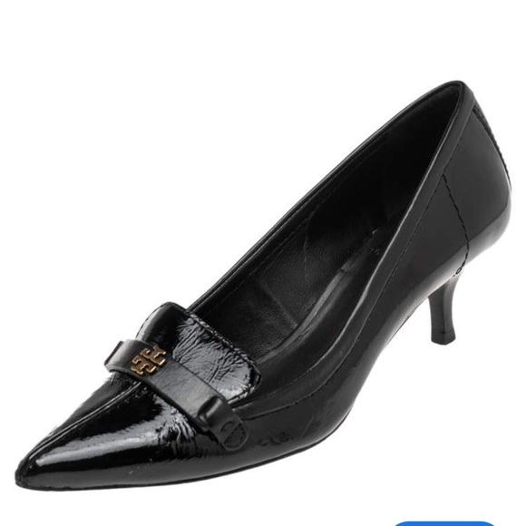 Tory Burch Eliza Pumps Black Kitten Heels Leather Point Toe Career Designer Sz 5 - Picture 1 of 10